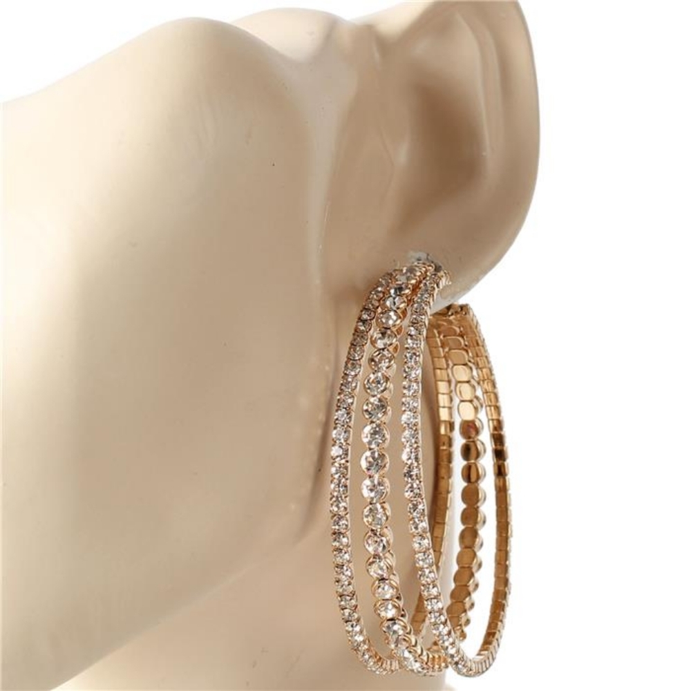 Gold Crystal Stone 2.2" Layered Triple Hoop Earrings Three Row Round Circle
